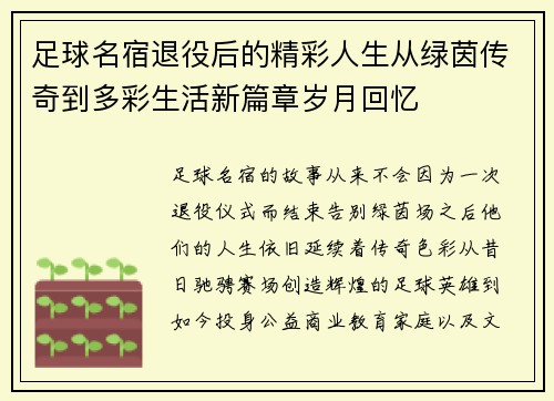 足球名宿退役后的精彩人生从绿茵传奇到多彩生活新篇章岁月回忆